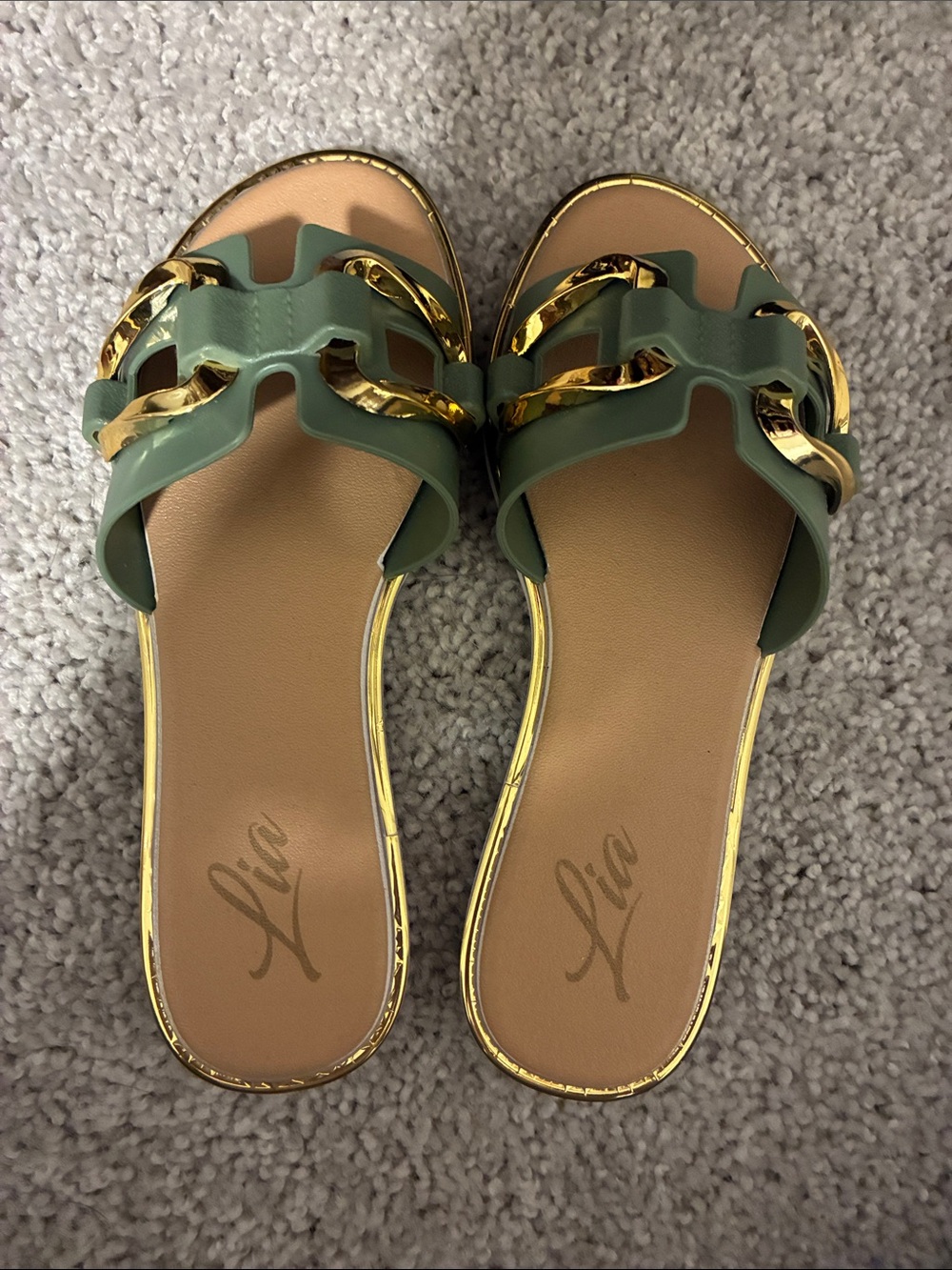Lina Green Slide Sandals with Gold Chain Accent